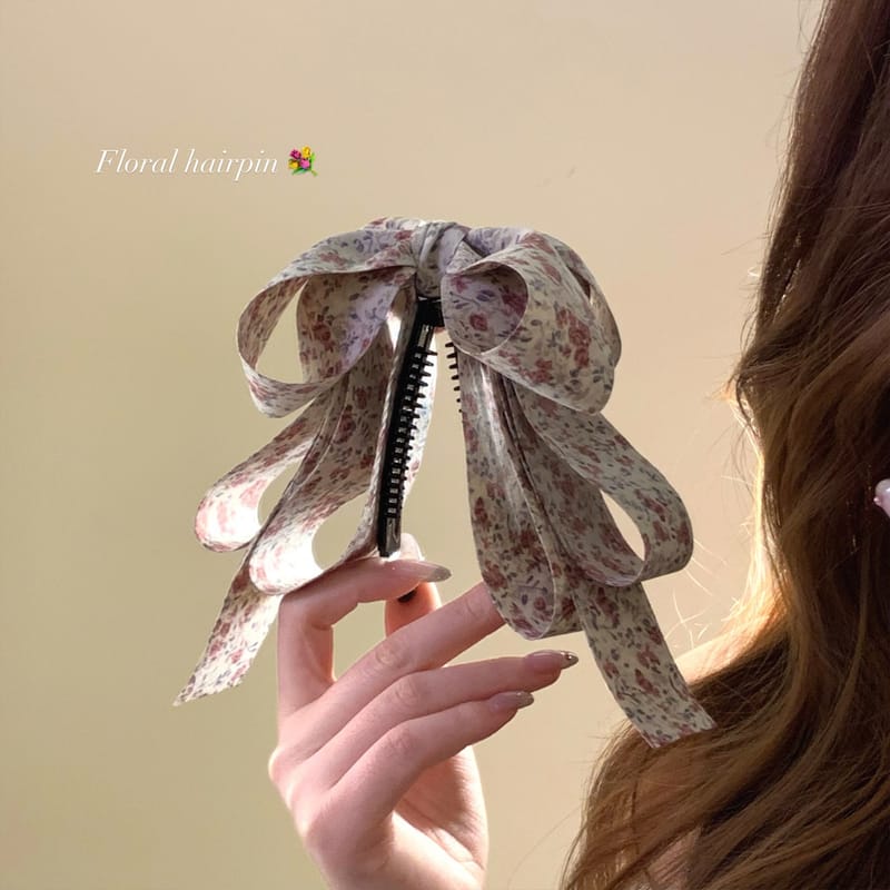 Cottagecore Multi-Layer Floral Bow Banana Clip, Vertical Hair Clip Clamp, Retro Ponytail Holder Claw for Thick Hair