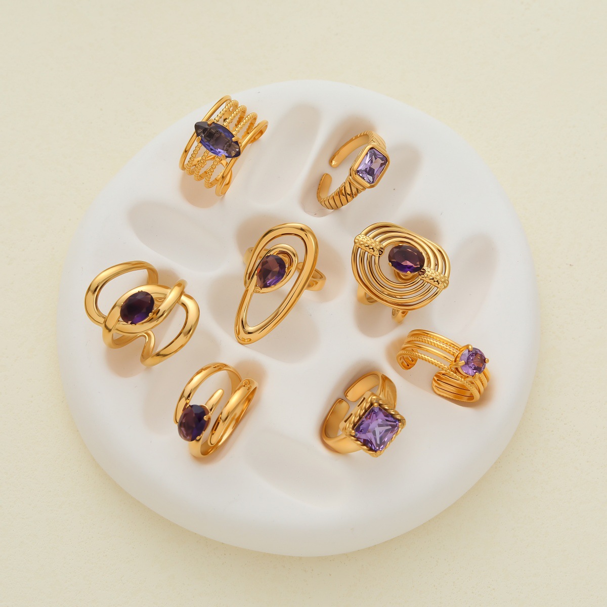 European Amethyst Geometric Open Stainless Steel Ring