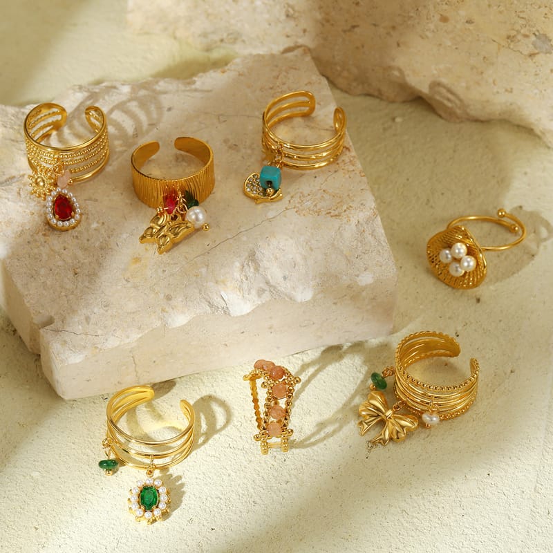 French Vintage Natural Stone Open Stainless Steel Pearl Ring