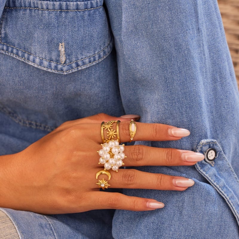 INS Minimalist 18K Gold Plated Faux Pearl Beaded Flower Ring
