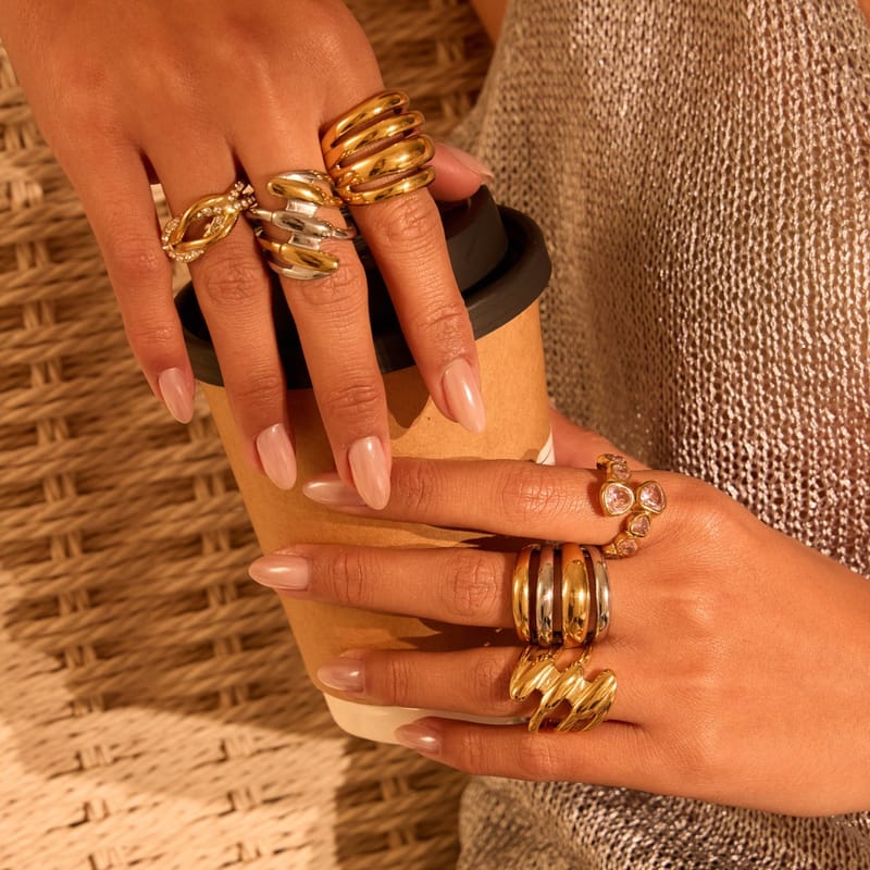 European Multi-Layer Geometric Striped Hollow 18K Gold Plated Gold Stainless Steel Ring