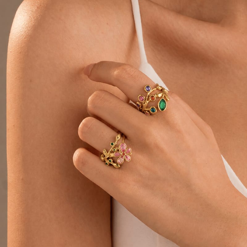 Forest Vintage Colored Zircon Flower Branch Open Ring Set