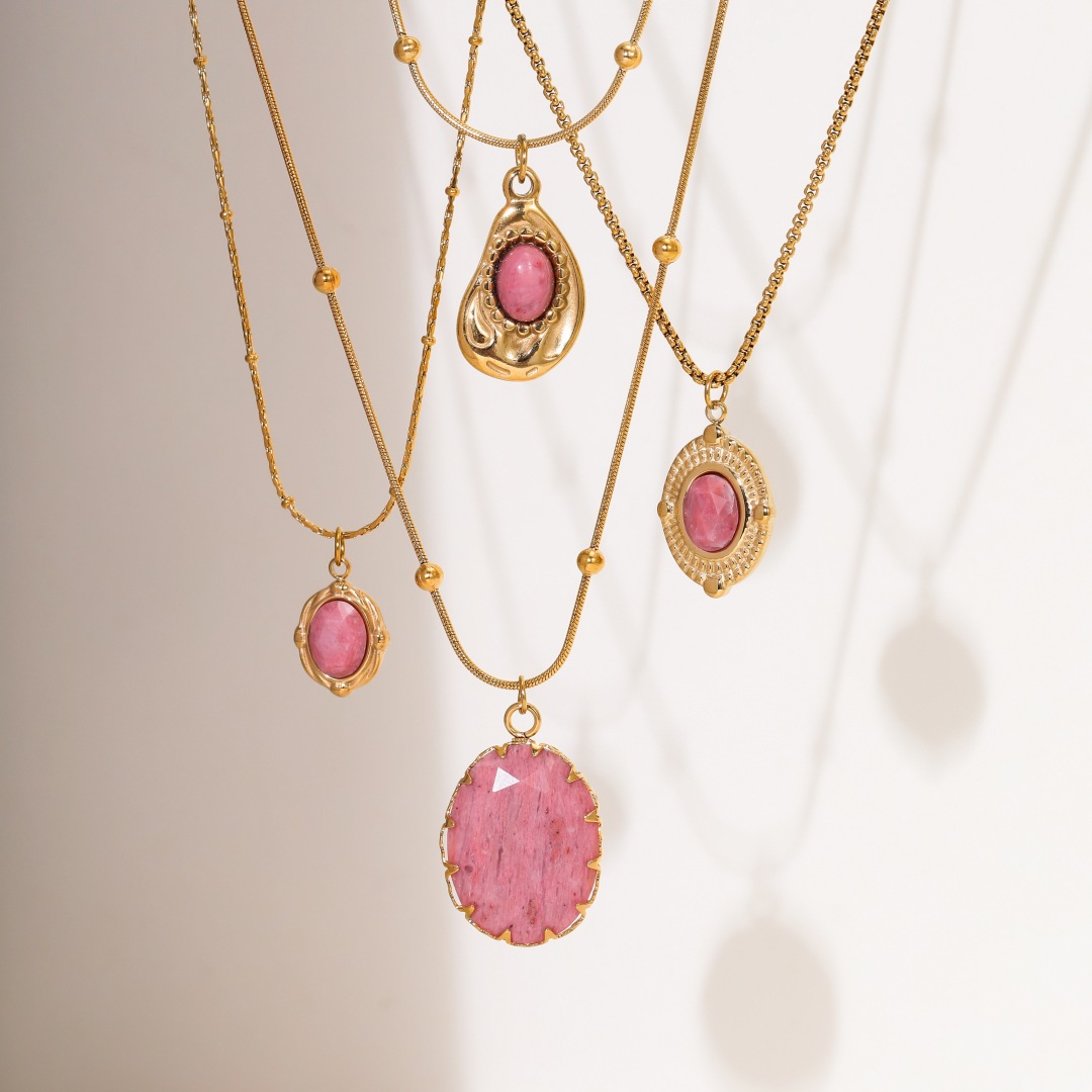 18K Gold Plated Titanium Steel Red Veinstone Necklace