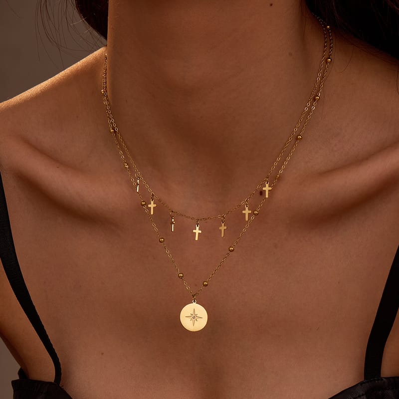 Vintage Double Layer Cross and Star Pendant Titanium Necklace