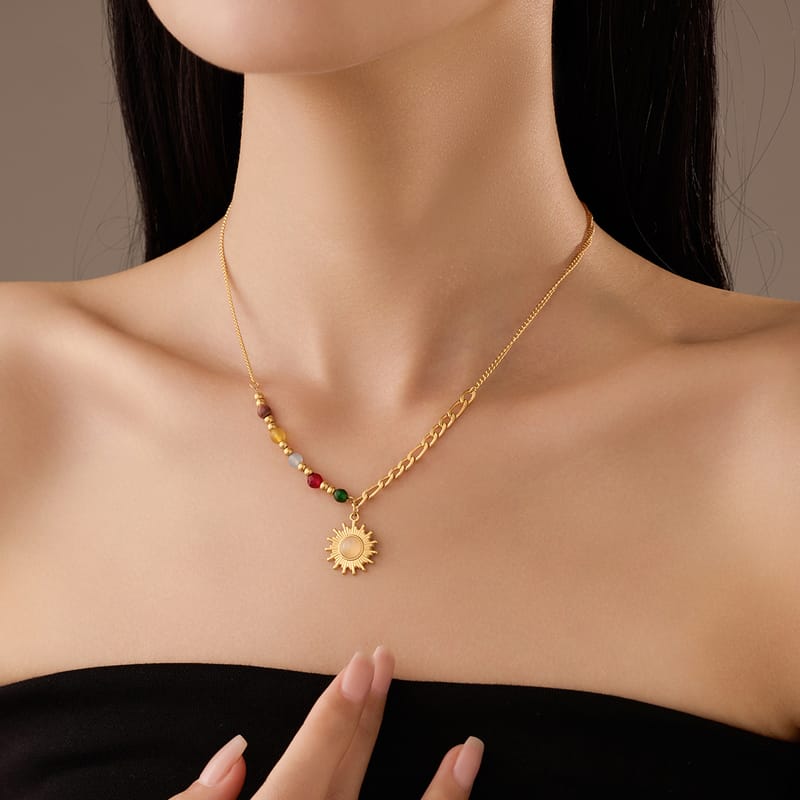 French Vintage Sun Pendant Colored Bead Collarbone Necklace