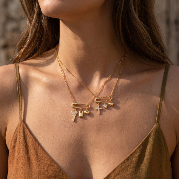 Cross Heart Key Lock Zircon Safety Pin Collarbone Necklace