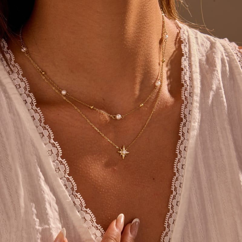 18K Gold Plated Hexagram Zircon Pearl Double Layer Necklace