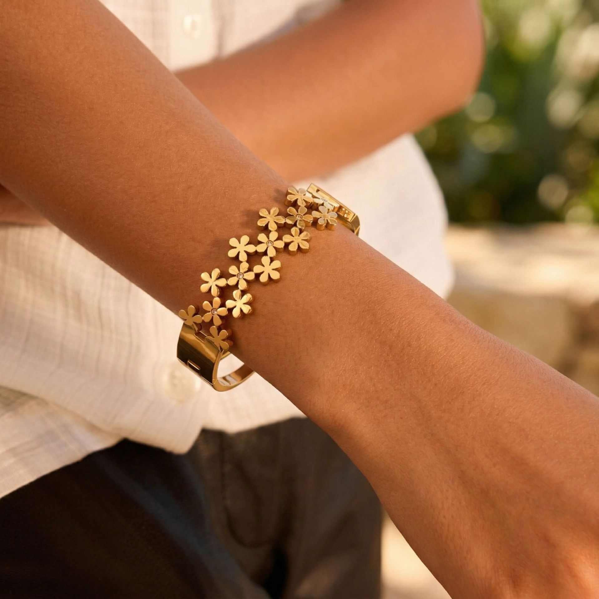 French Floral Zircon Open Stainless Steel Bangle