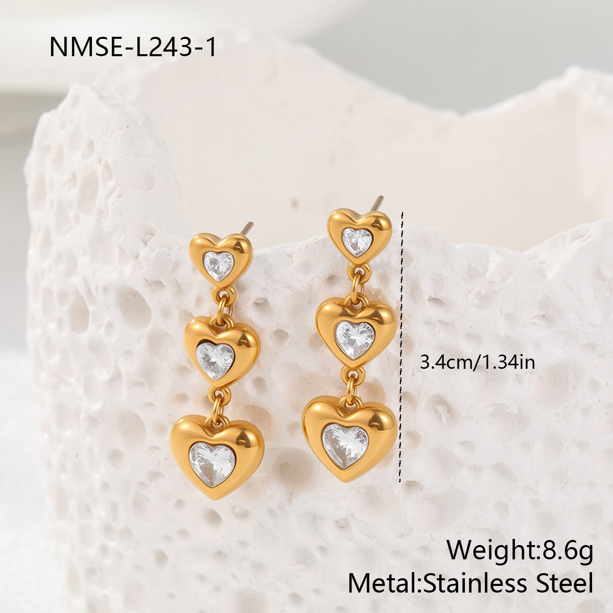 18K Gold Plated Heart Zircon Stainless Steel Earrings