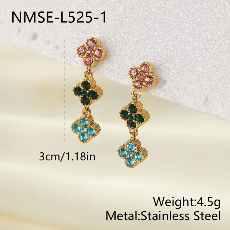 Colorful Zircon Flower Clover Tassel Dangle Earrings