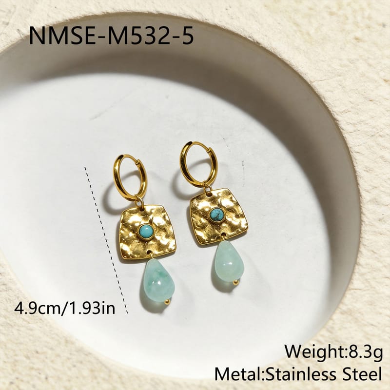 Hammered Square Jade Teardrop Vintage Earrings