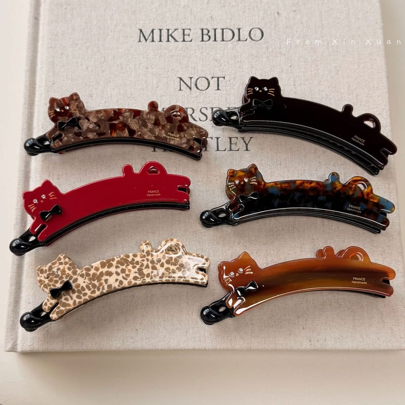 Korean France Influencer Gold Logo Cute Cat Banana Clip Premium Acetate Ponytail, Vertical Hair Clip Clamp, Retro Ponytail Holder Claw for Thick Hair