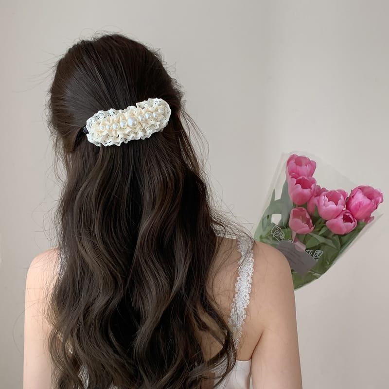 Korean Lace & Pearl Banana Clip, Vertical Hair Clip Clamp, Retro Ponytail Holder Claw for Thick Hair