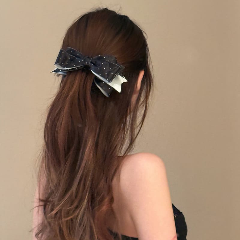 Premium Satin Polka Dot Bow Banana Clip, Vertical Hair Clip Clamp, Retro Ponytail Holder Claw for Thick Hair