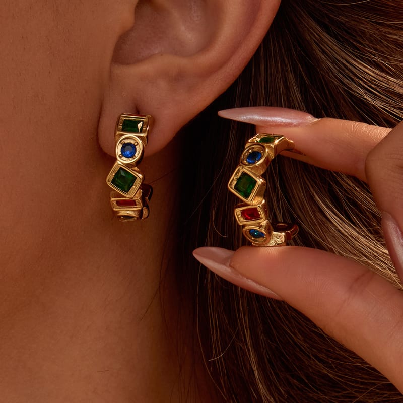 European French Vintage Color Zircon Hoop, Sparkly Zircon Stud Earring, Cute Hypoallergenic Piercing Accessory
