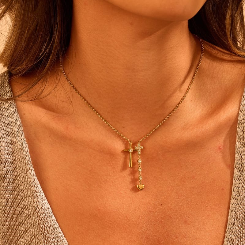 Double Cross & Heart Necklace, 18K Gold Plated Collarbone Clavicle Chain, Minimalist Layering Jewelry Gift for Her Daily Wear