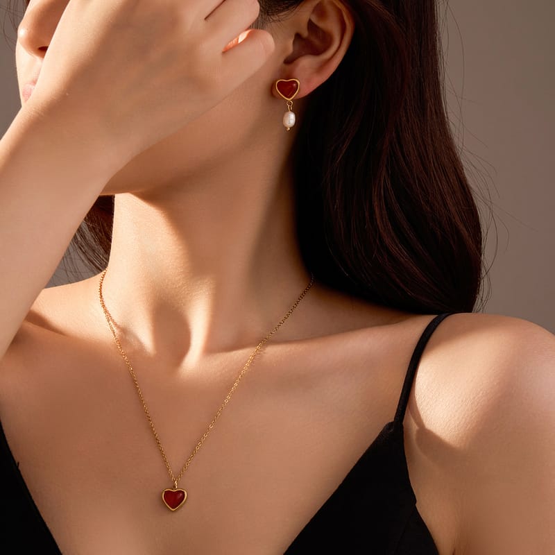European Heart Red Agate & Pearl Necklace, 18K Gold Plated Collarbone Clavicle Chain, Minimalist Layering Jewelry Gift for Her Daily Wear