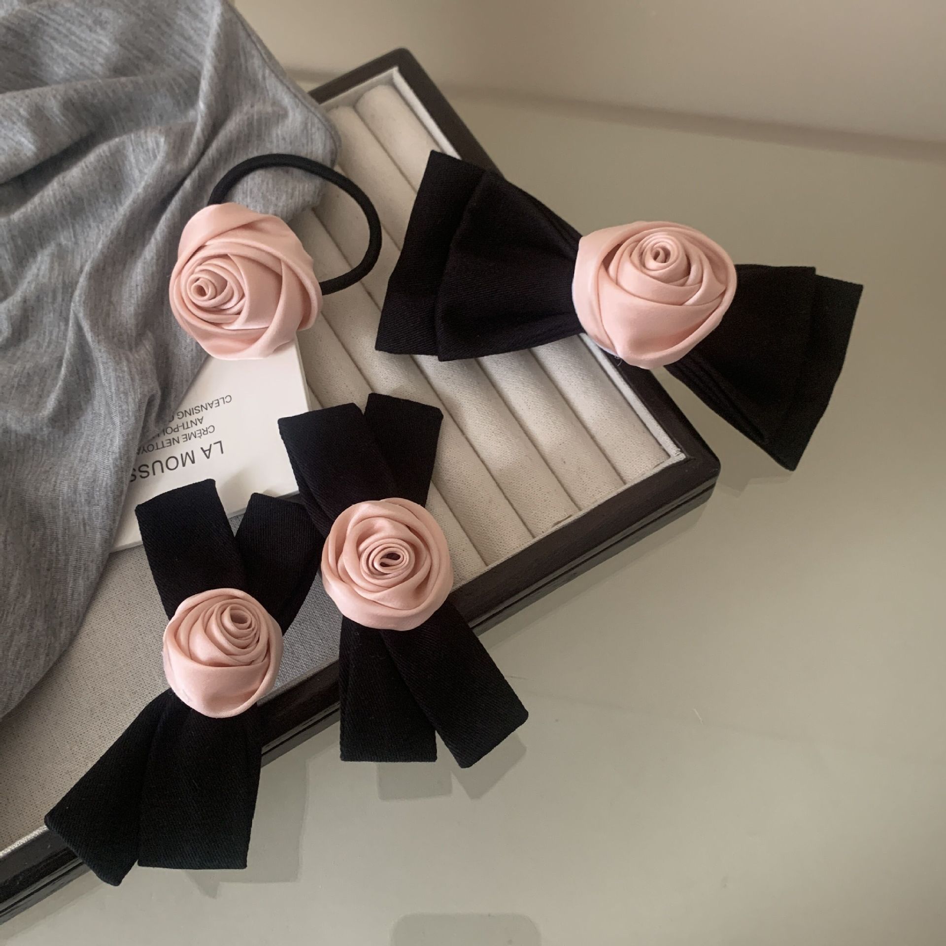 Aesthetic Black Ribbon Bow & Floral Clip Set, Sweet Lolita Side Fringe Duckbill Pin
