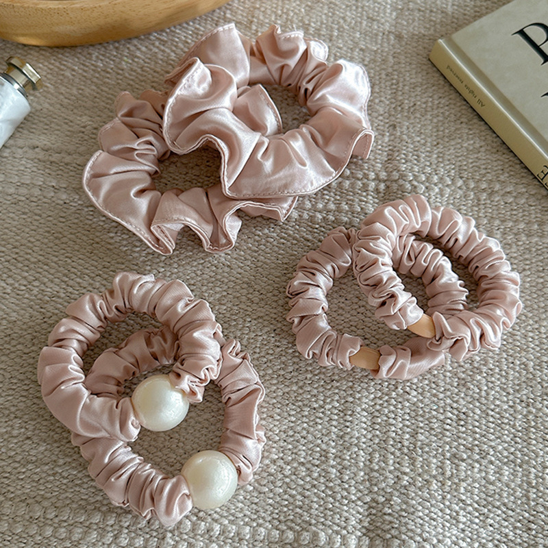 Korean Minimalist Pink Pearl Scrunchie Set, High-Elasticity Pastel Ponytail Ring