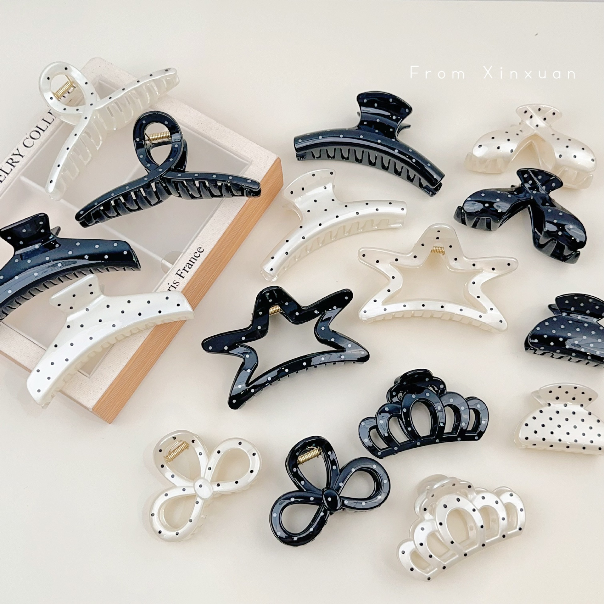 French Retro Polka Dot Large Claw Clip, Classic Black & White Shark Clip
