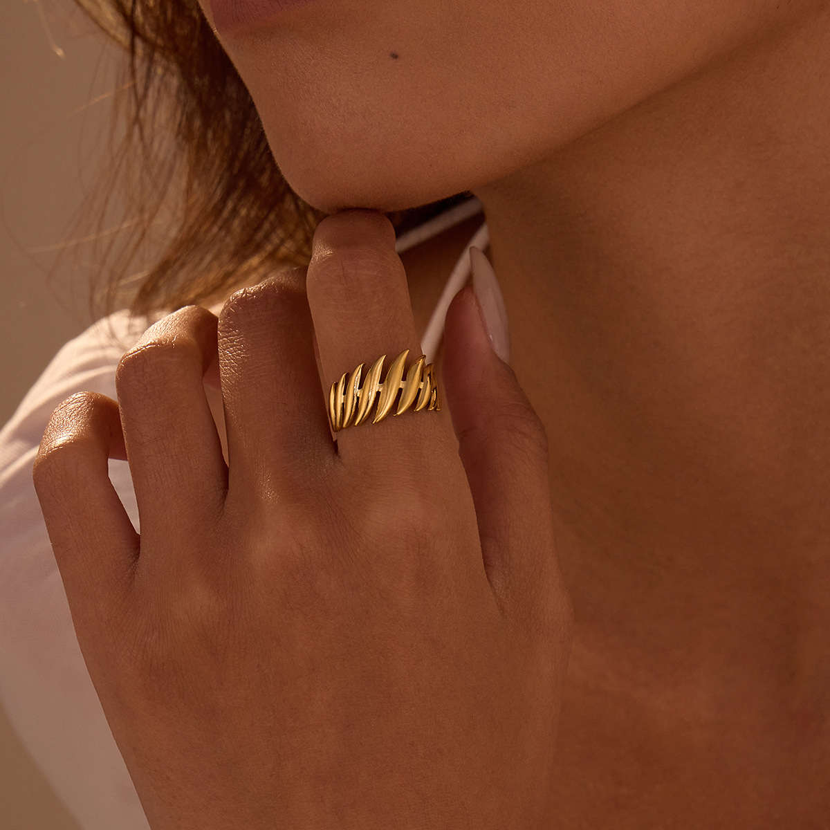 European Willow Leaf Open Stainless Steel Ring 18K Gold
