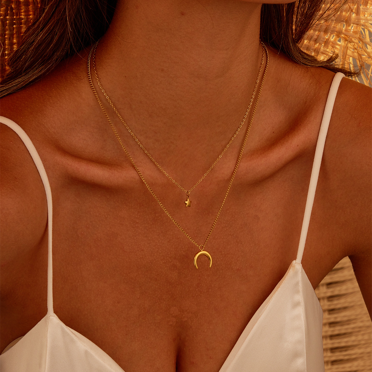 Vintage 18K Gold Plated Moon and Star Titanium Necklace