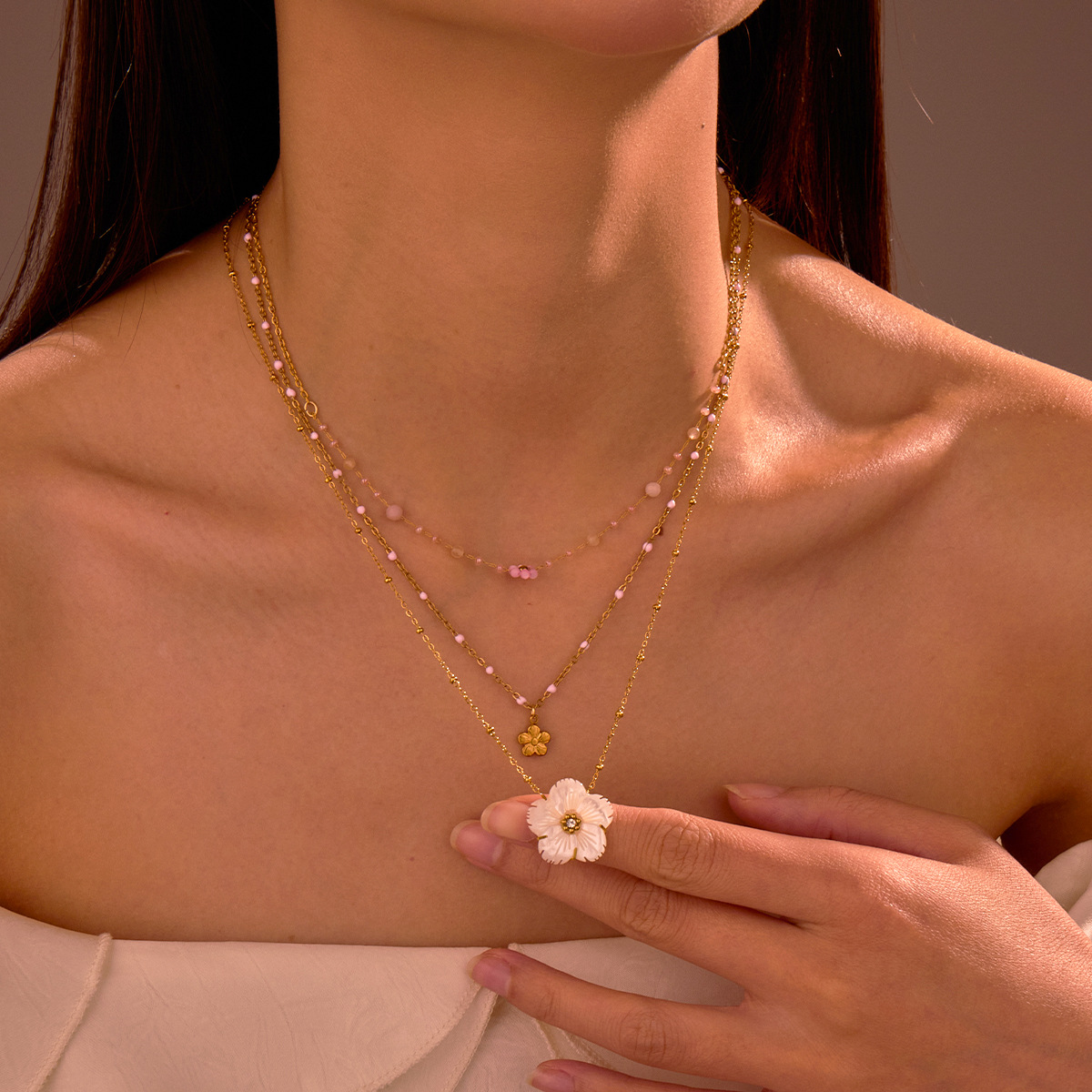 18K Gold Plated Beaded Floral Layered Stainless Steel Necklace