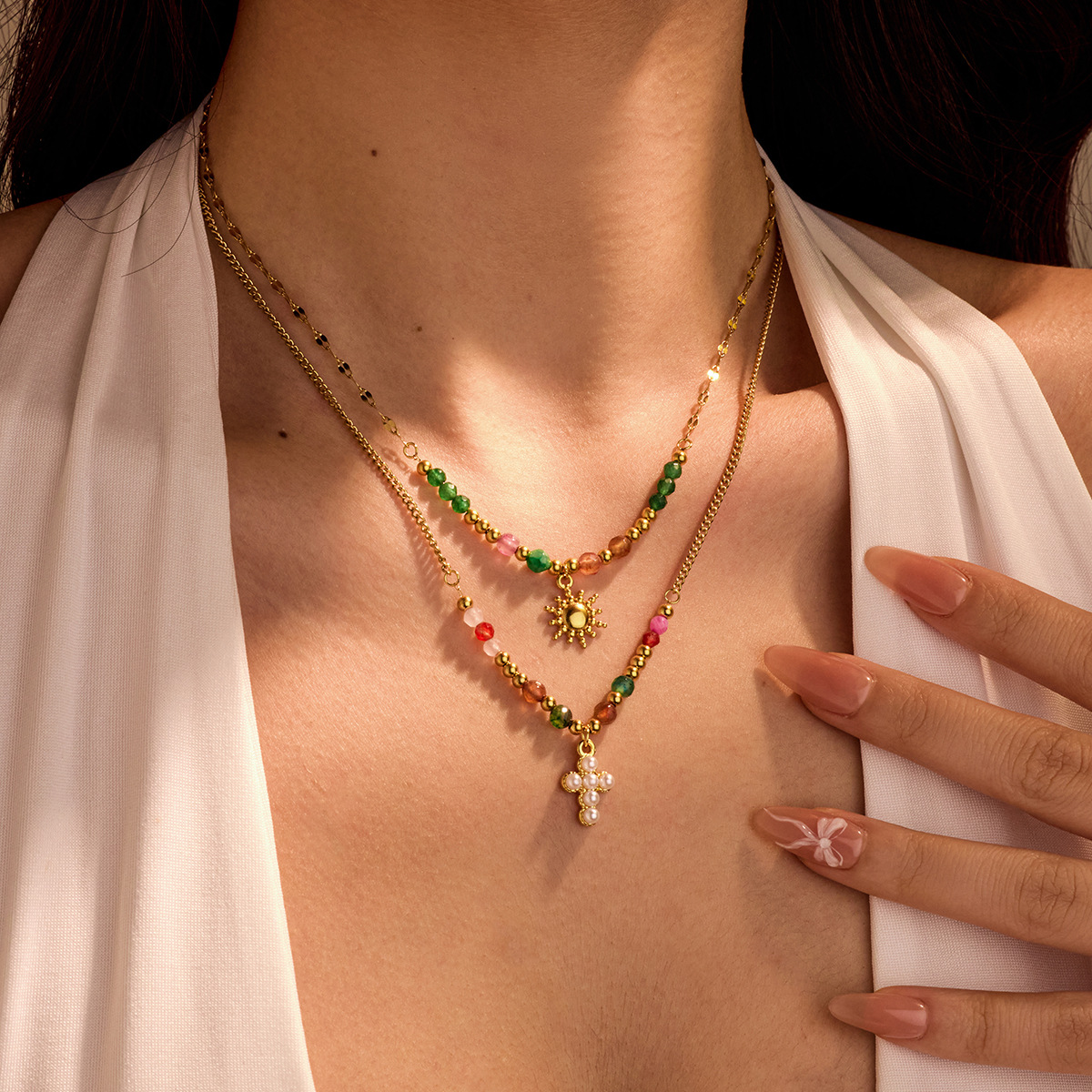 Vintage Sun and Cross Pendant Beaded Titanium Necklace