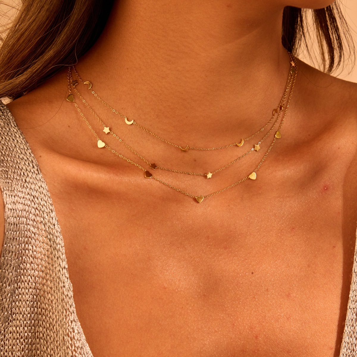 Sweet and Edgy Multi-Layer Star Moon Heart Necklace