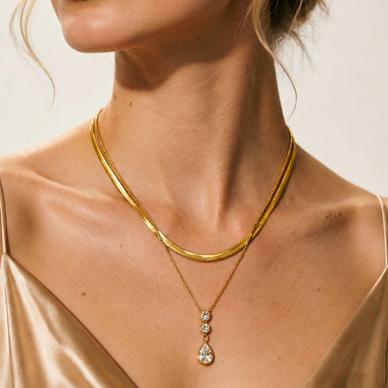 Double Layer Snake Chain Teardrop Zircon Collarbone Necklace