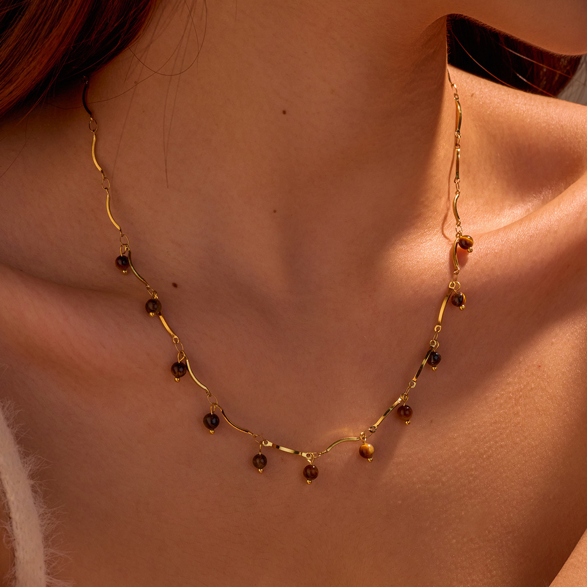 Tiger Eye Stone Tassel Pendant Titanium Collarbone Necklace