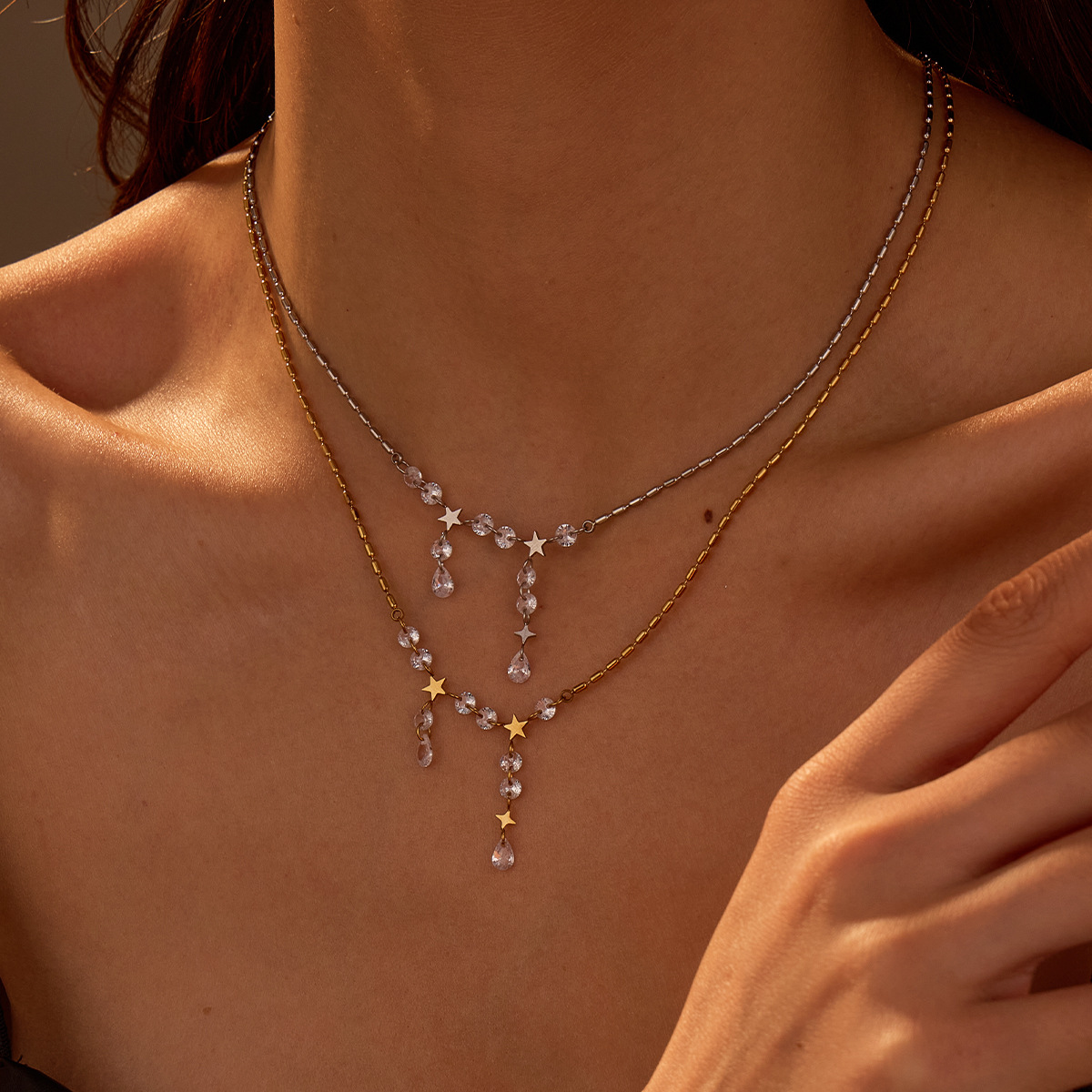18K Gold Plated Elegant Zircon Tassel Collarbone Necklace