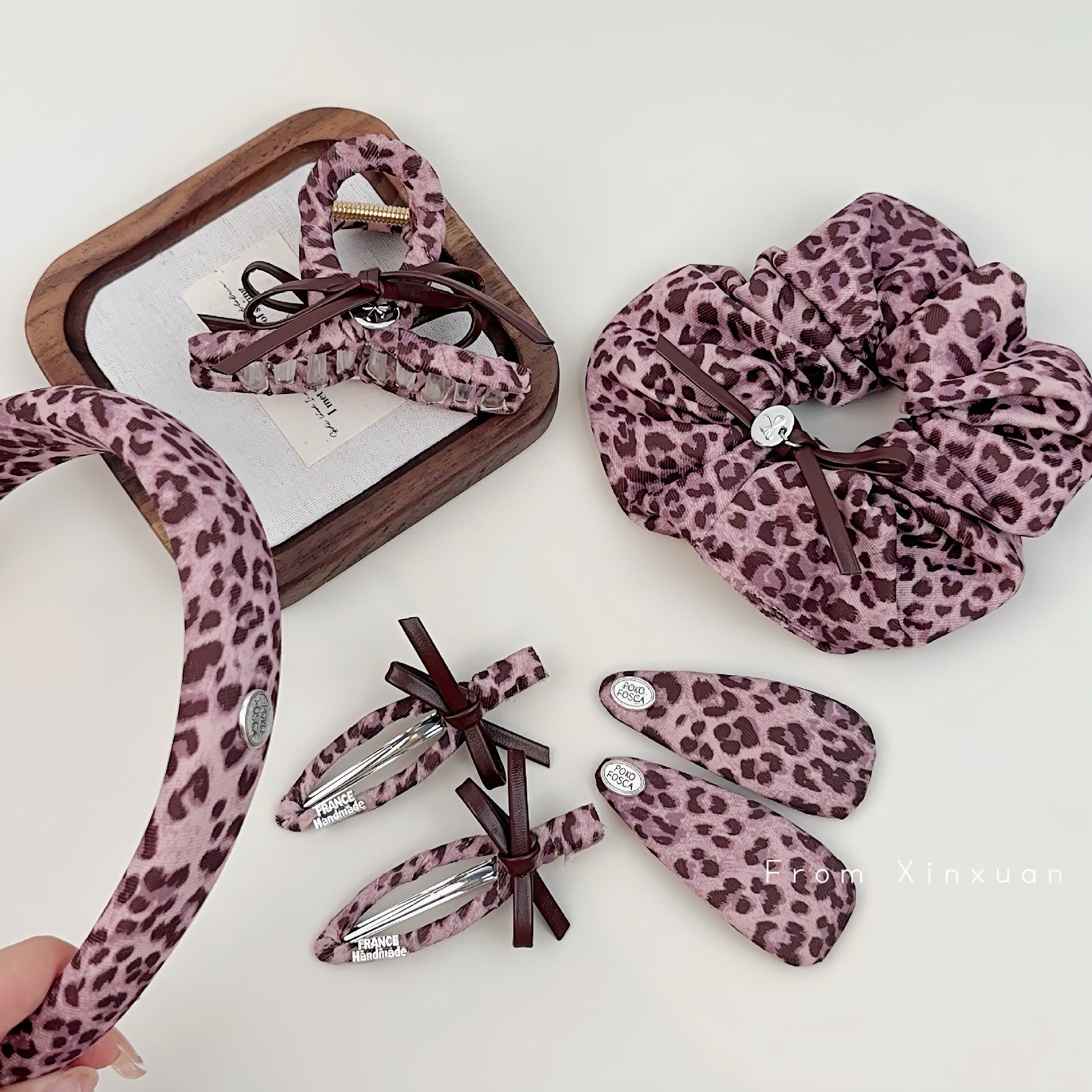 Korean Pink Leopard Leather Bow Hair Clip, Premium Claw Clip for Women