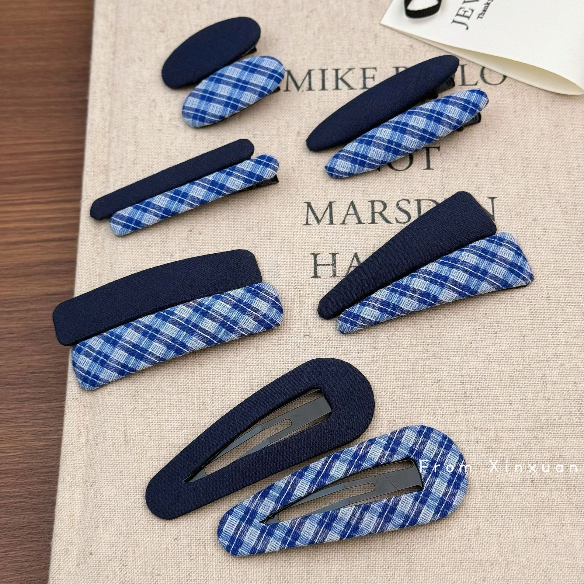 Korean Vintage Blue Plaid Hair Clip, Sweet Retro BB Clip Set