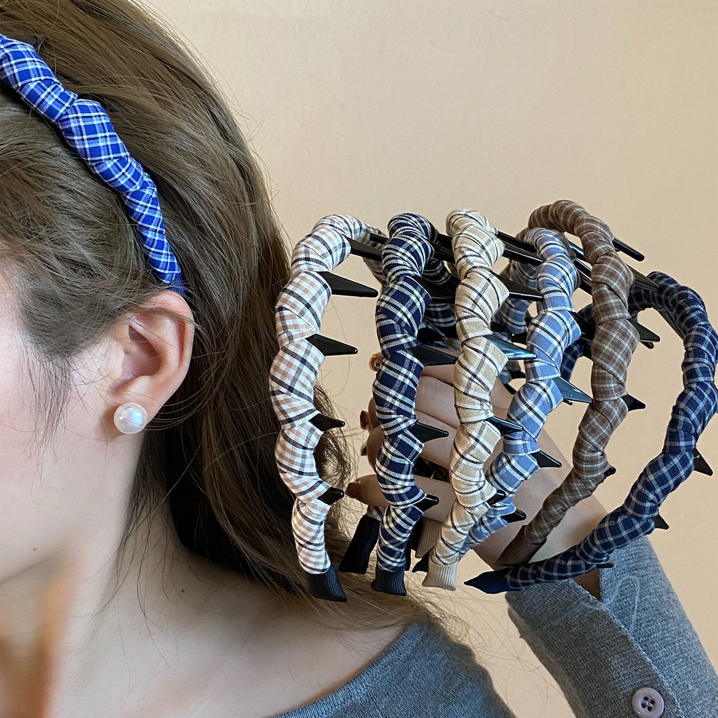 Korean Plaid Fabric Padded Headband, Non-Slip High Top Hair Hoop