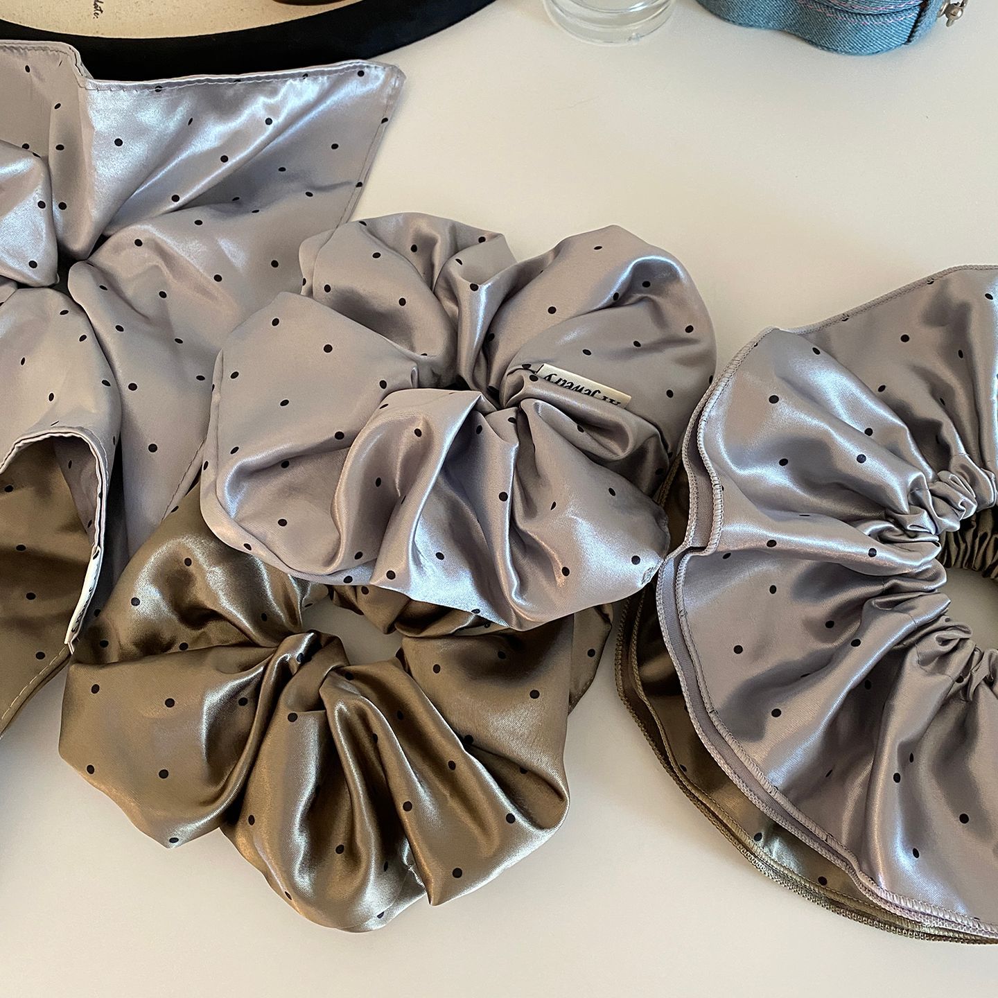 French Vintage Satin Polka Dot Scrunchie, Elastic Silk Scrunchies, Cute Soft Ponytail Holder Bands for Girls