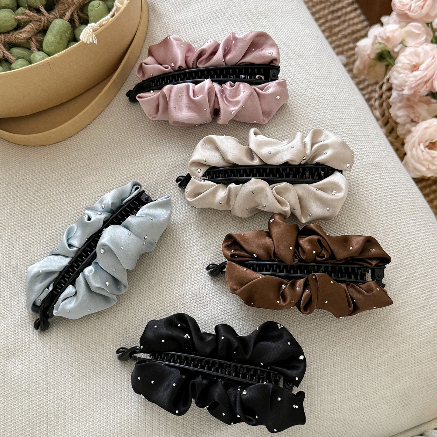 Korean Rhinestone Satin Banana Hair Clip, Vertical Hair Clip Clamp, Retro Ponytail Holder Claw for Thick Hair