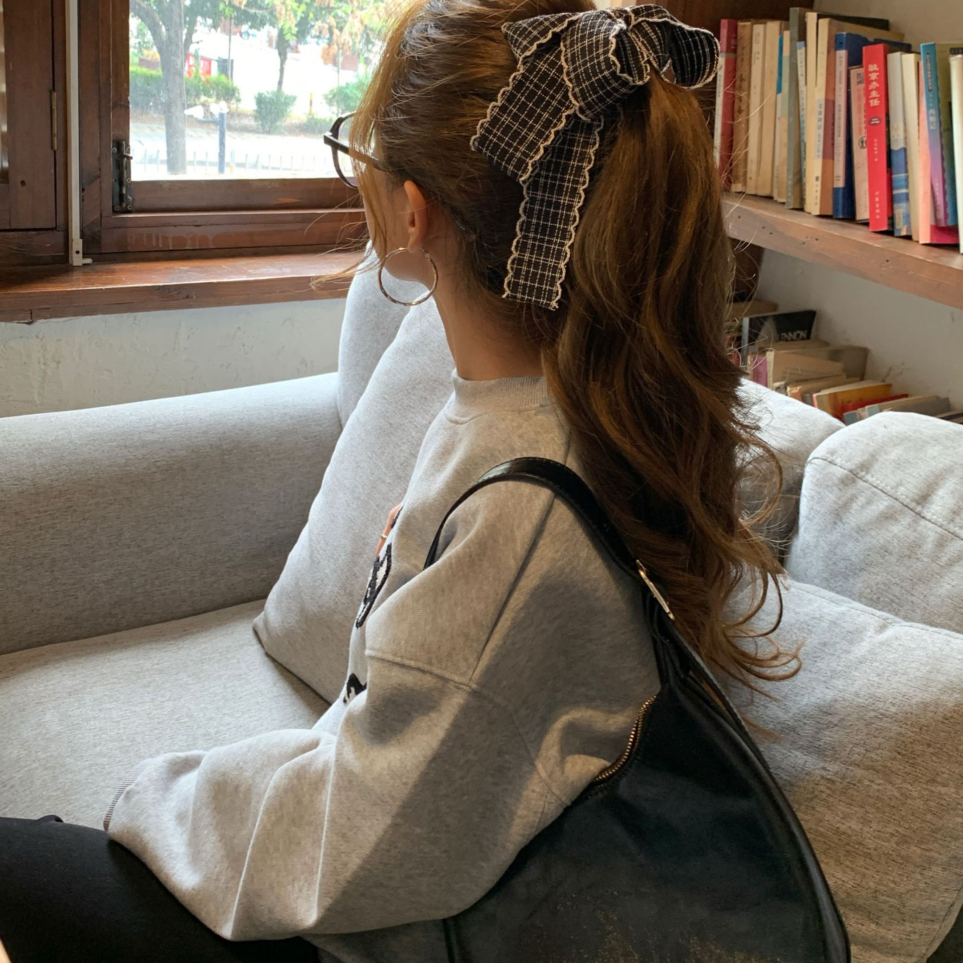Korean Black & White Check Bow Banana Clip, Vertical Hair Clip Clamp, Retro Ponytail Holder Claw for Thick Hair
