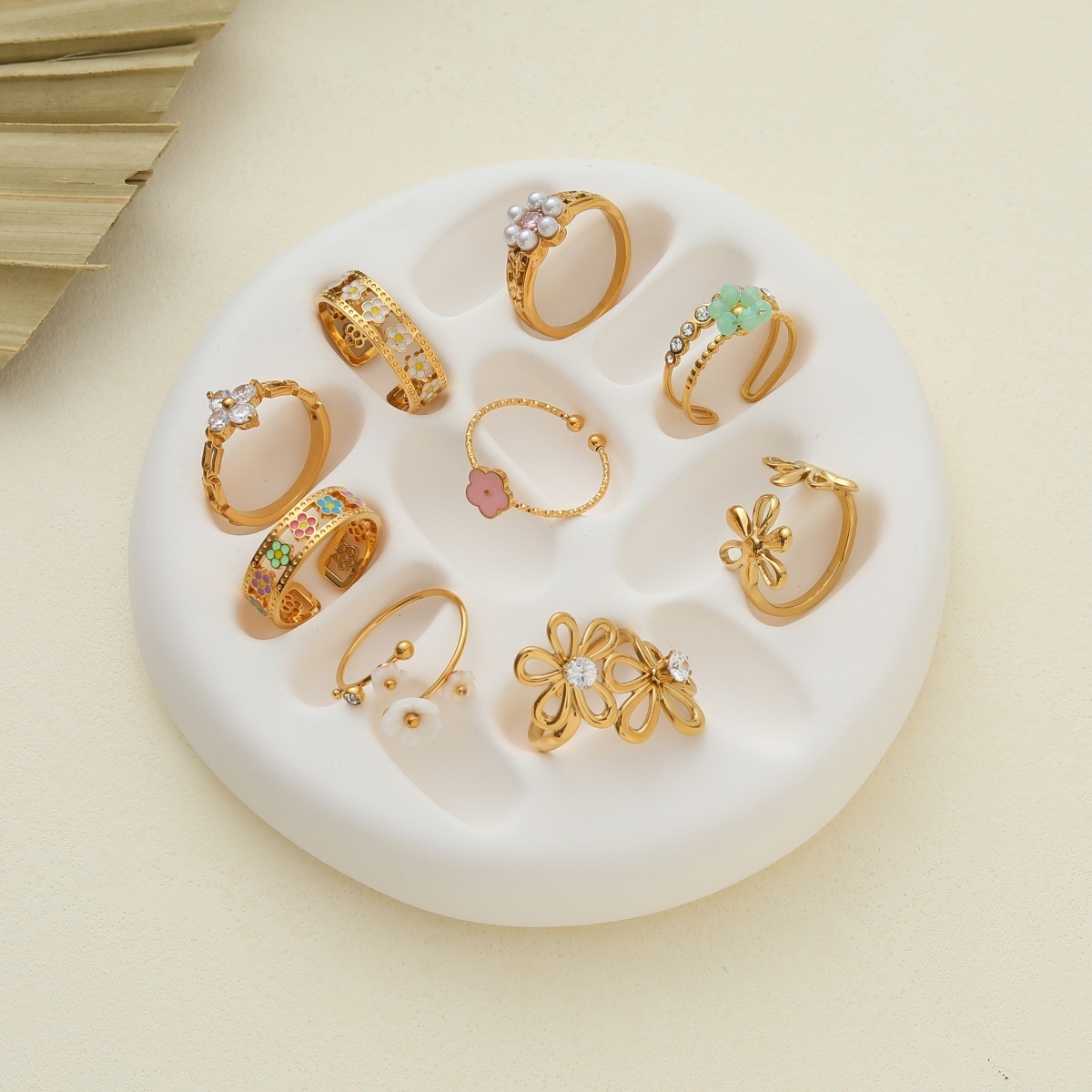 Floral Zircon Ring Set, Dainty Women Jewelry Set, 18K Gold Plated Minimalist Fashion Gift Box for Her
