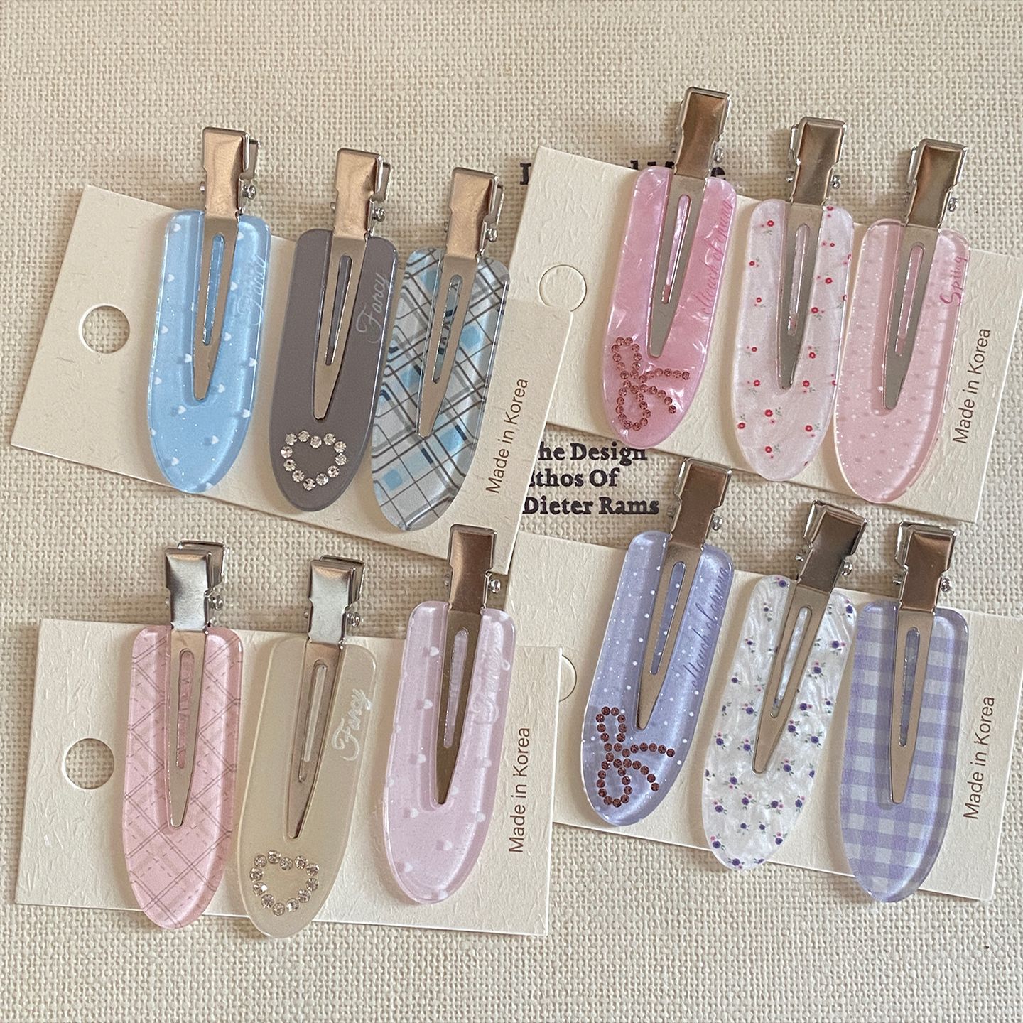 Sweet Heart Rhinestone & Grid Hair Clip Set, 3-Pack Bow Side Clip Set