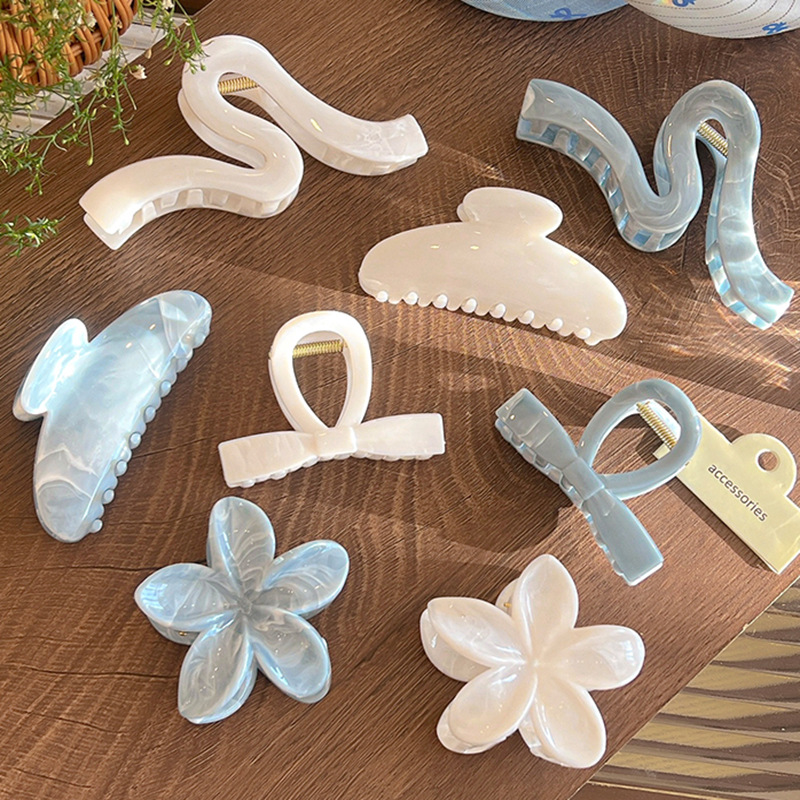 Korean Summer Blue & White Claw Clip, Elegant Half-Up Hair Claw