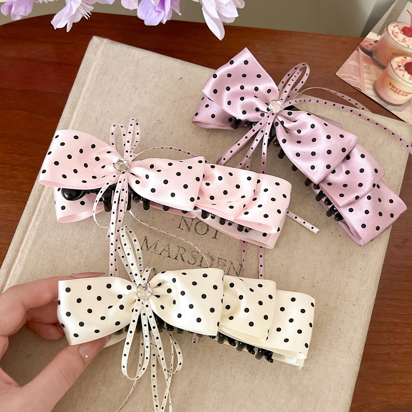 Sweetheart Polka Dot Bow Banana Clip, Vertical Hair Clip Clamp, Retro Ponytail Holder Claw for Thick Hair